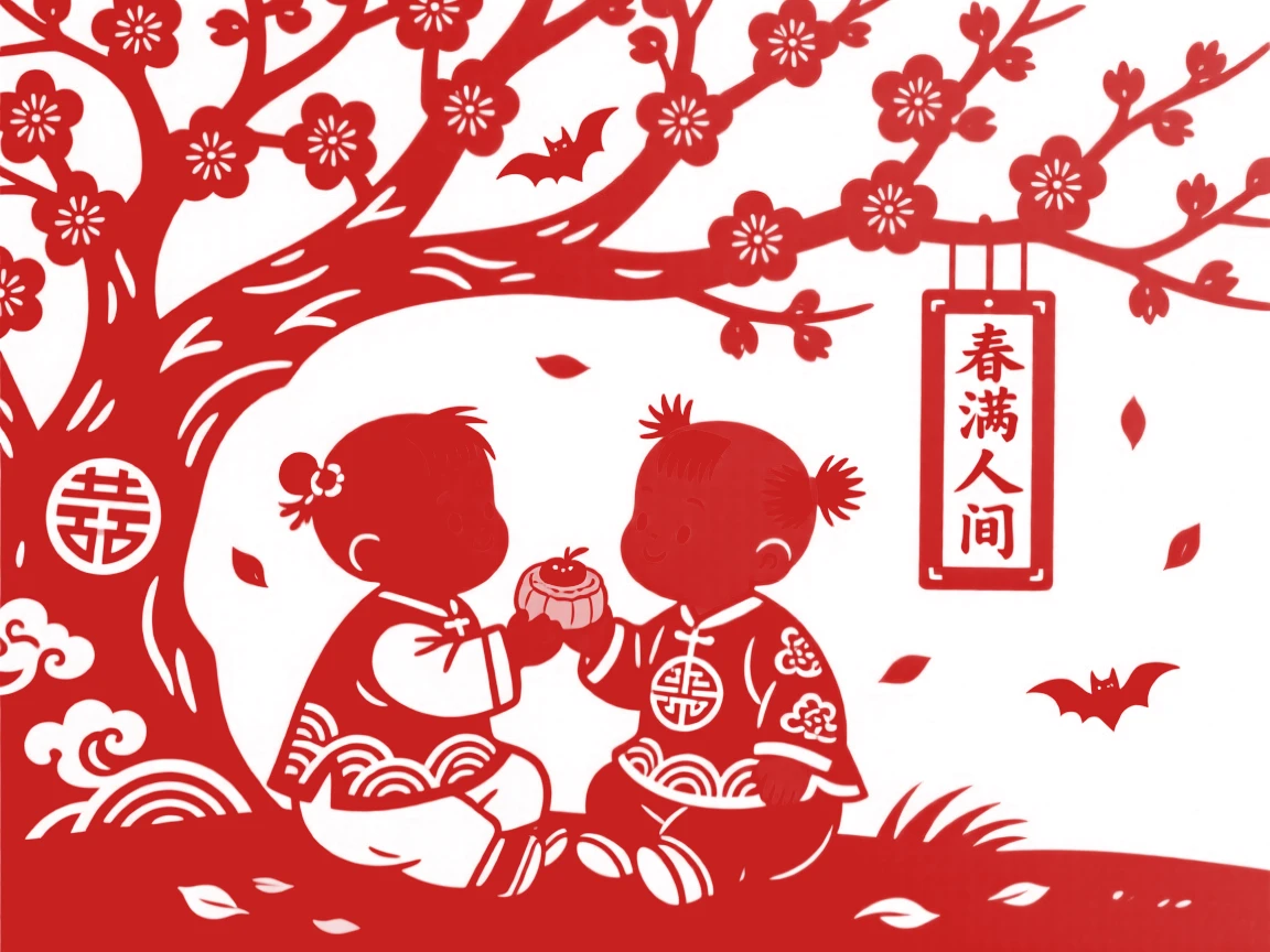 Twin toddlers, sharing a treat beneath a blossoming tree, the scent of blossoms filling the spring air.