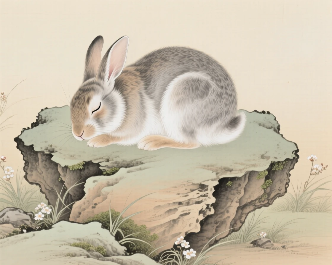 A rabbit curled up on a sun-warmed garden rock