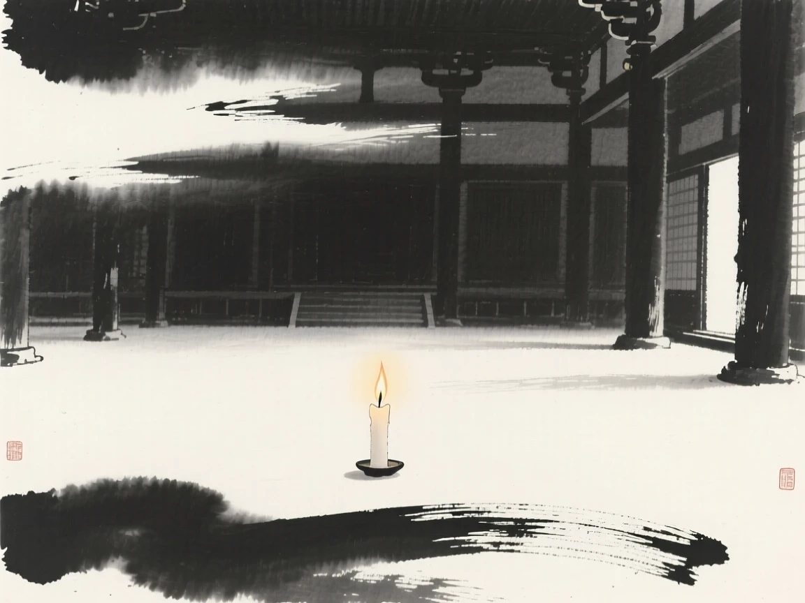 A solitary candle flickering in a dim temple hall beneath a wide and silent sky, seen from a distance, small and still within the frame, capturing a fleeting, meditative moment of peace.