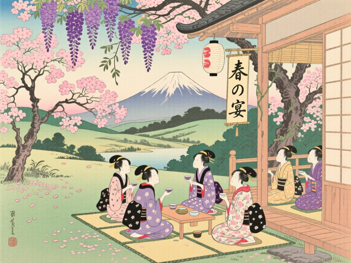 A cherry blossom viewing party held beneath blooming wisteria vines.