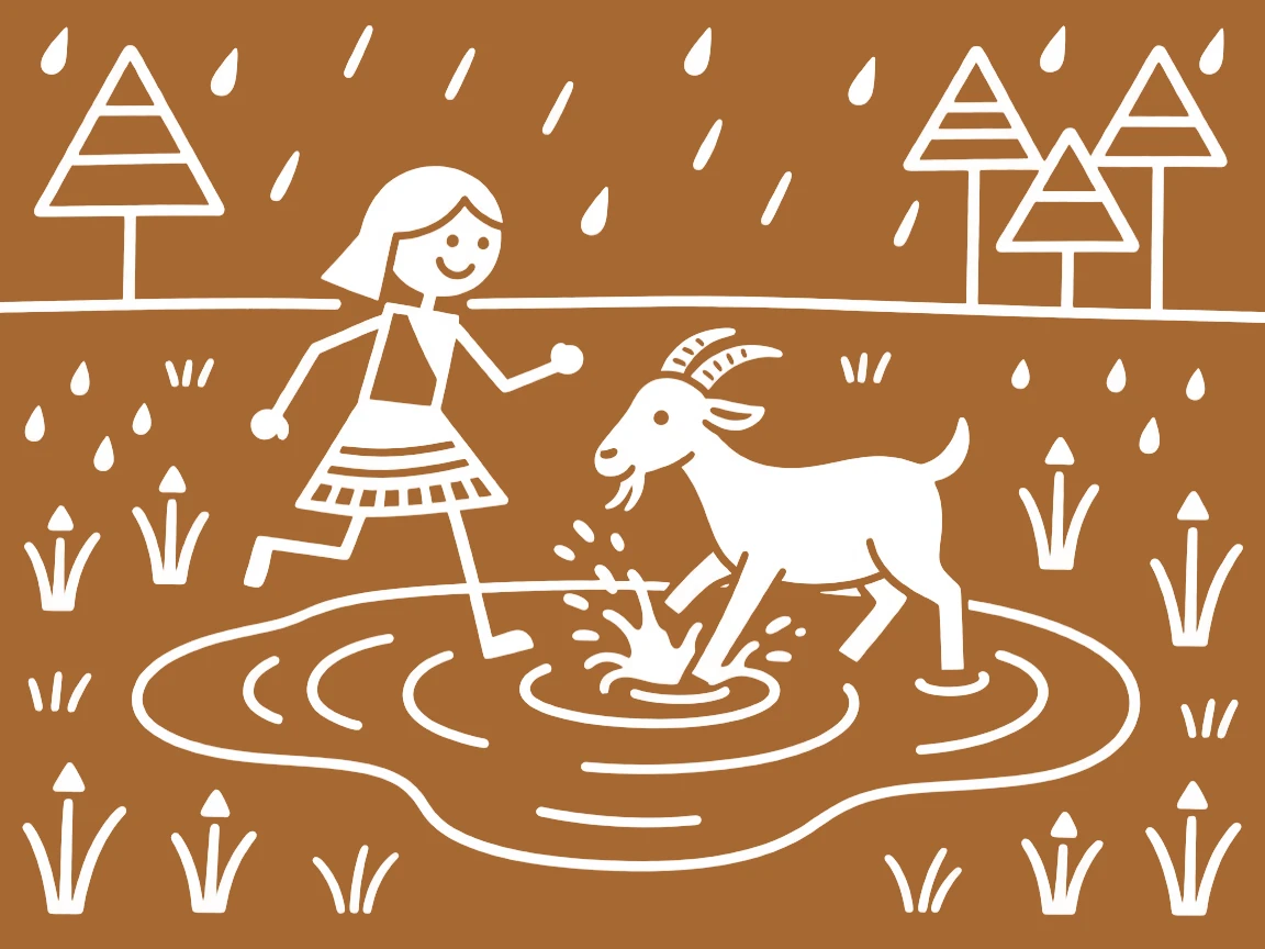 A girl and her pet goat splashing in a puddle after the rain.
