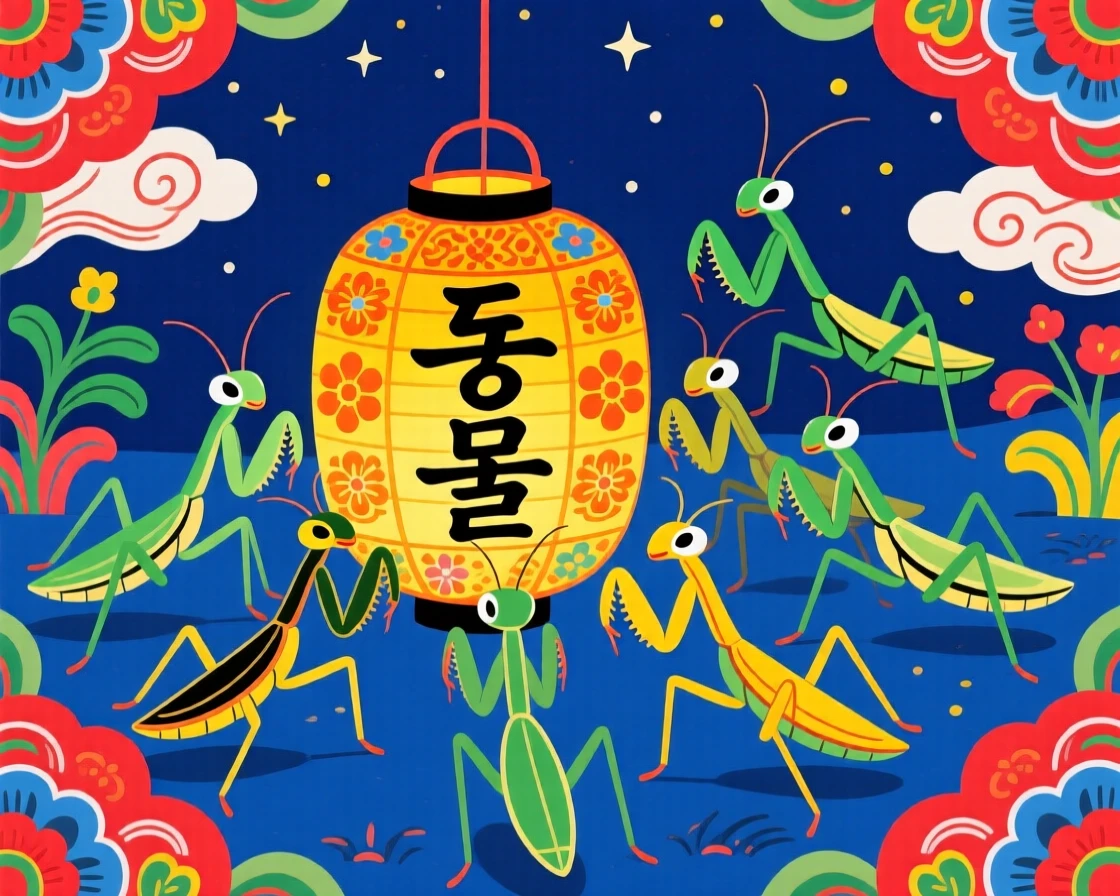 A praying mantis gathered around a paper lantern at night.