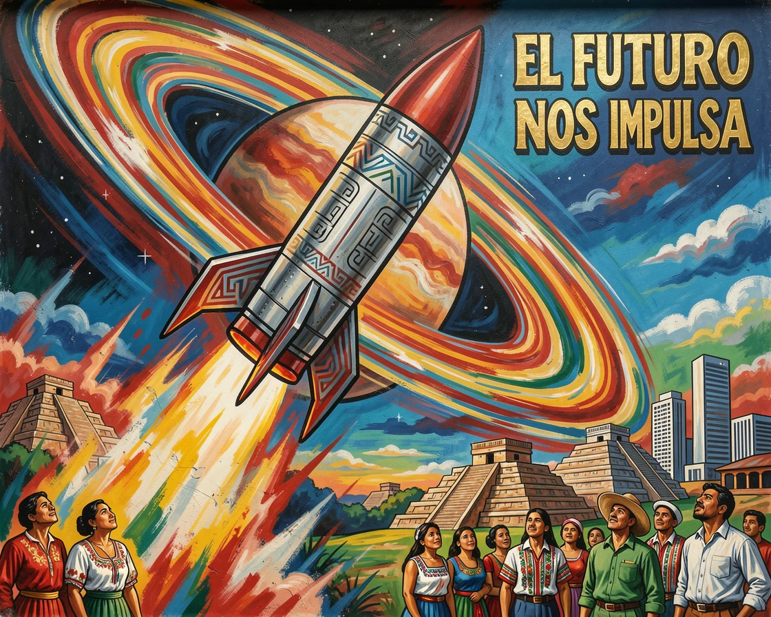 A rocket ship soaring past the rings of a distant planet