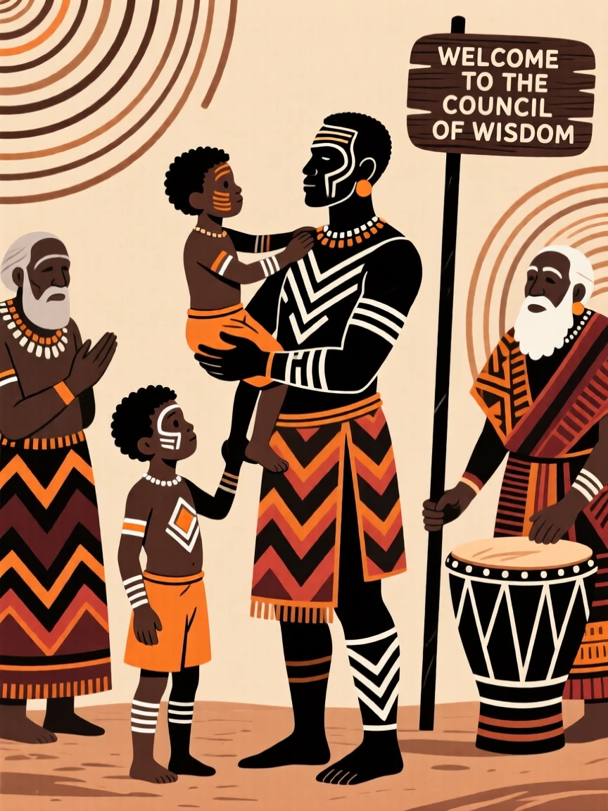 A father proudly presenting his son to the tribal elders.