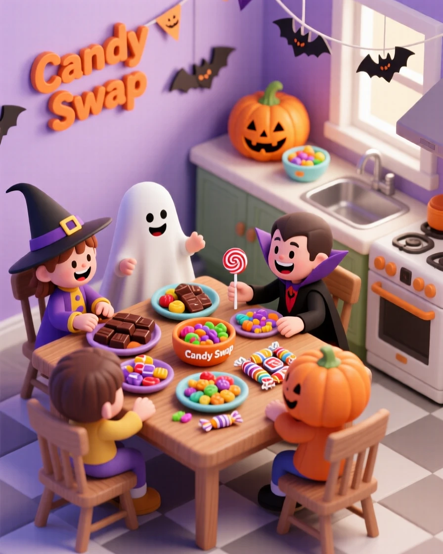 A Halloween candy swap party at a kitchen table, children sorting treats into piles by type, laughing over trades.
