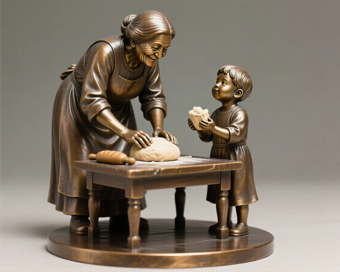 A grandmother and grandchild baking bread together, in a moment of quiet triumph, forming a strong central focal point