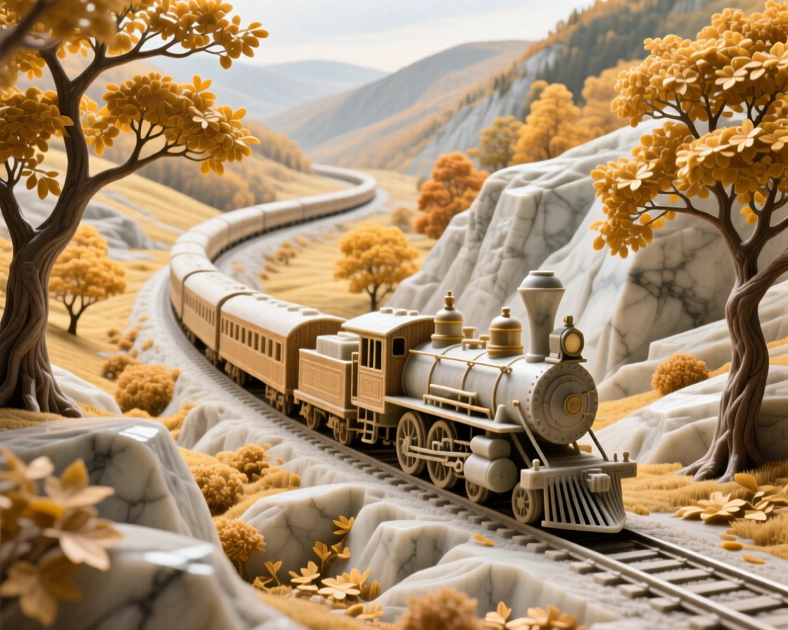 A vivid, emotionally rich scene of a train winding through a golden autumn valley, in a moment of quiet stillness, designed to captivate and inspire