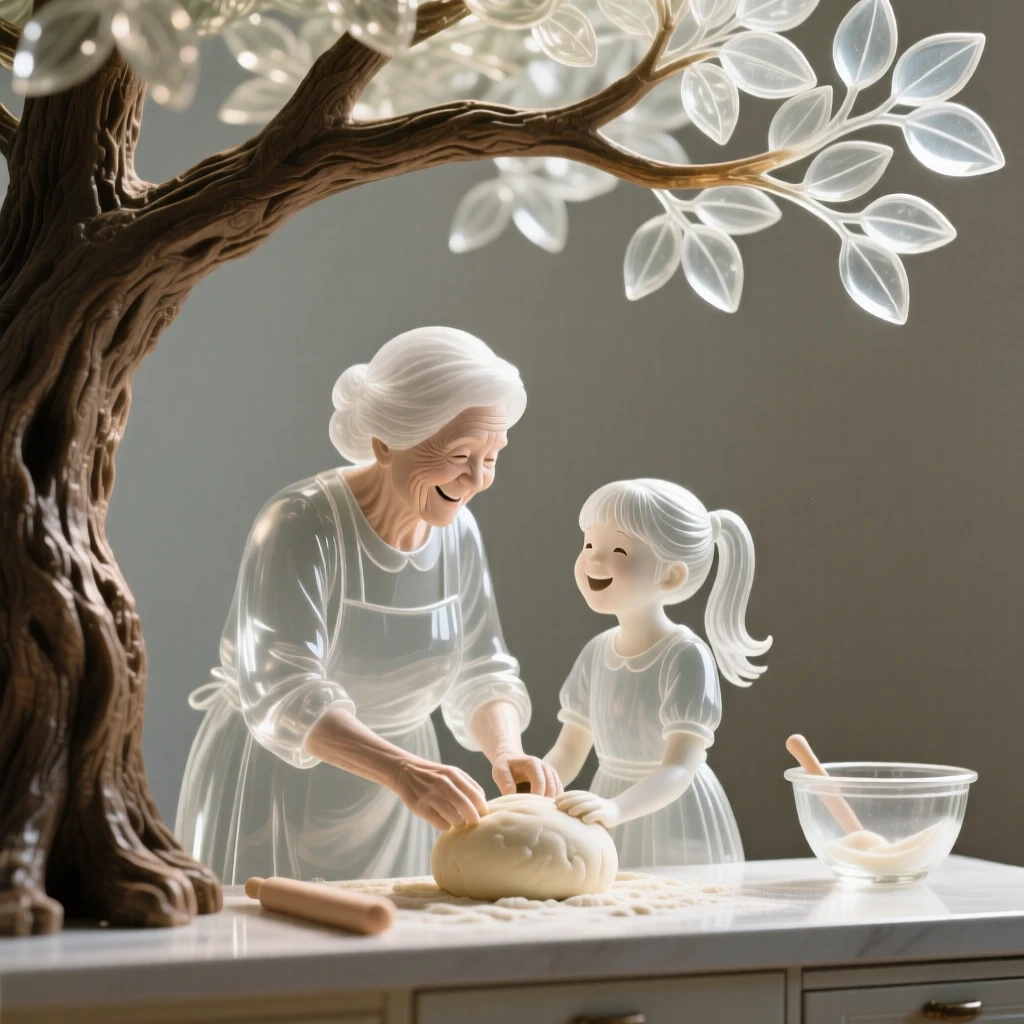 Beneath the shade of a favorite old tree, a grandmother teaching her granddaughter to bake in a warm kitchen, while their laughter carries softly on the breeze
