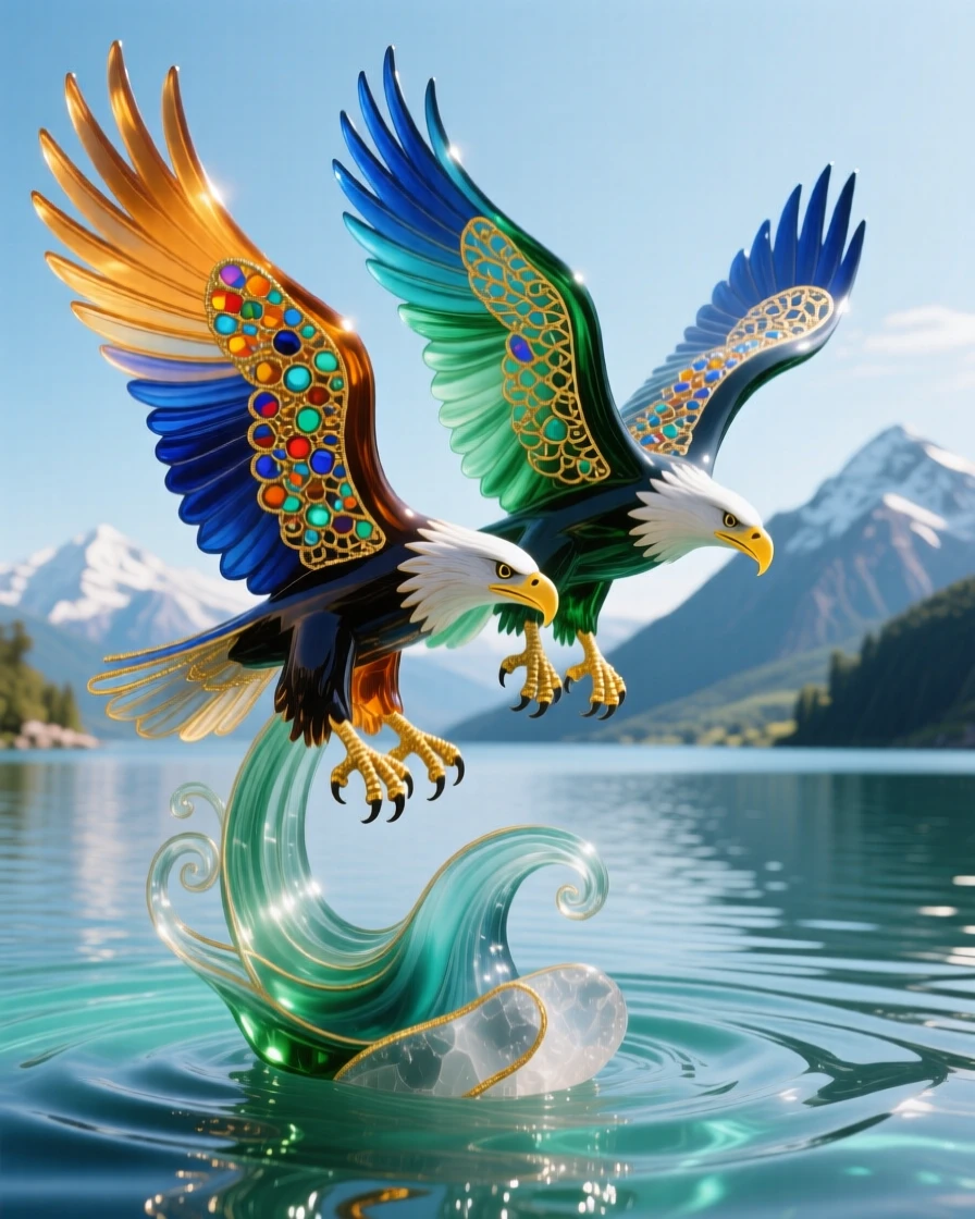 A pair of eagles diving together toward a shimmering mountain lake, dynamic and majestic.