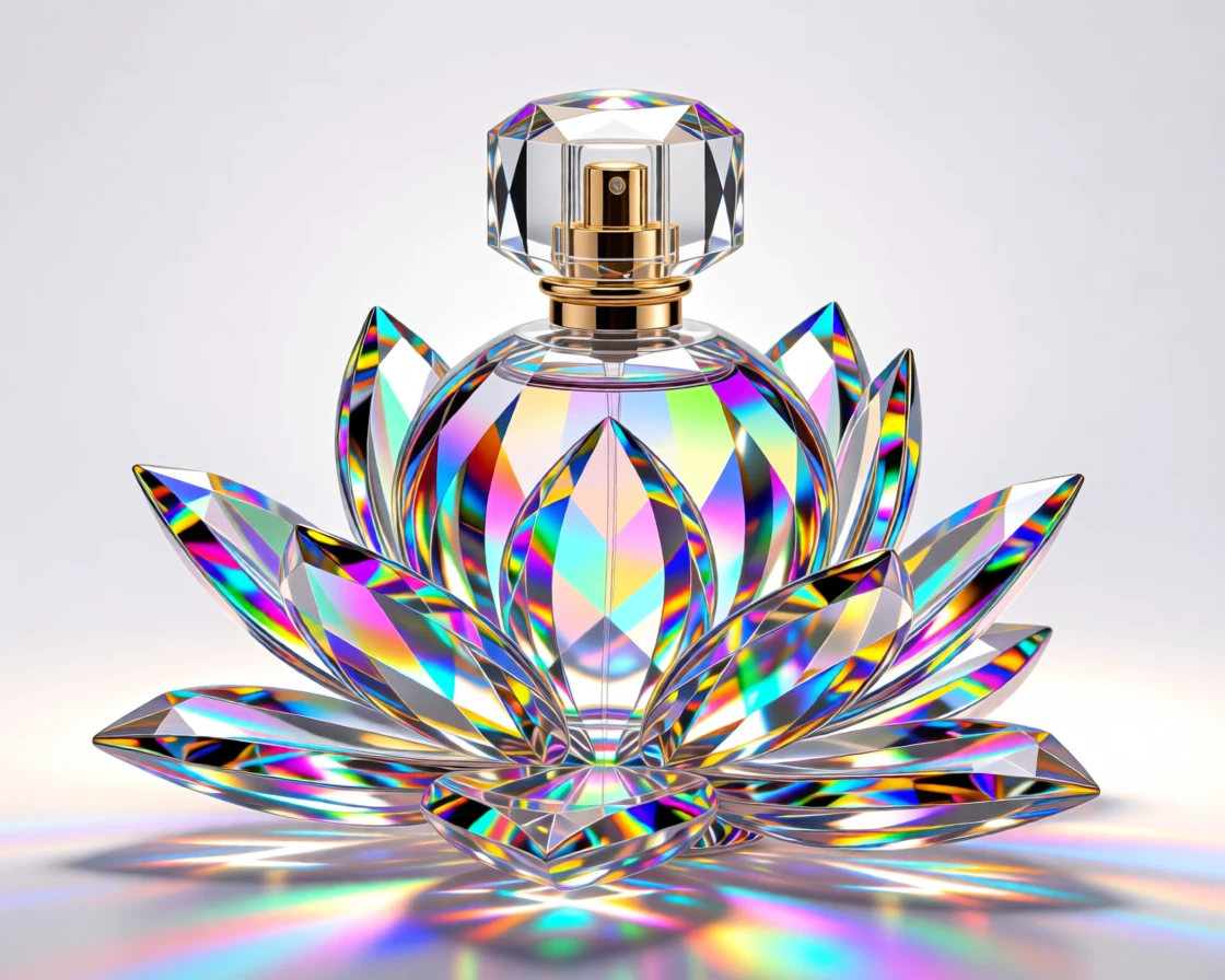 A designer perfume bottle shaped like a crystal flower, backlit dramatically.