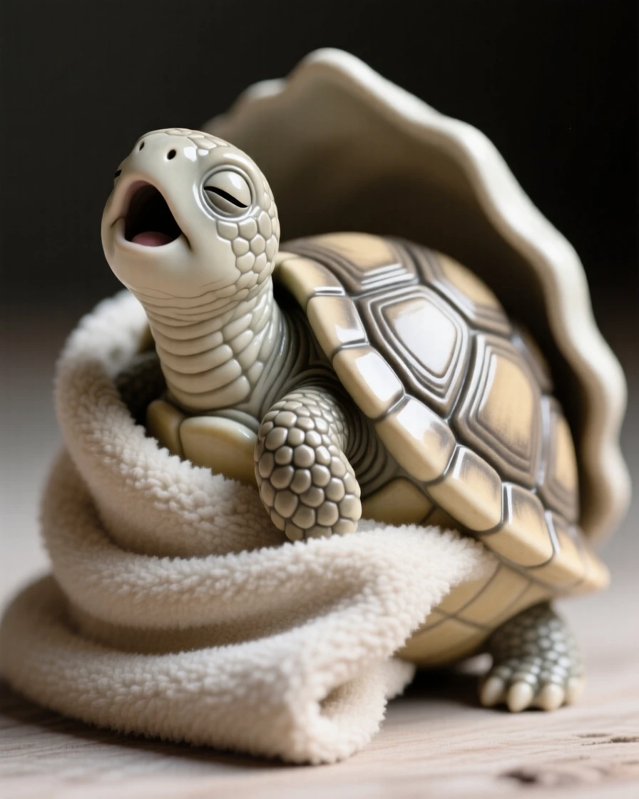 A tiny baby turtle poking its head from its shell captured mid-yawn in a sleepy, sweet moment, wrapped snugly in a soft cozy blanket, radiating adorable, joyful innocence.