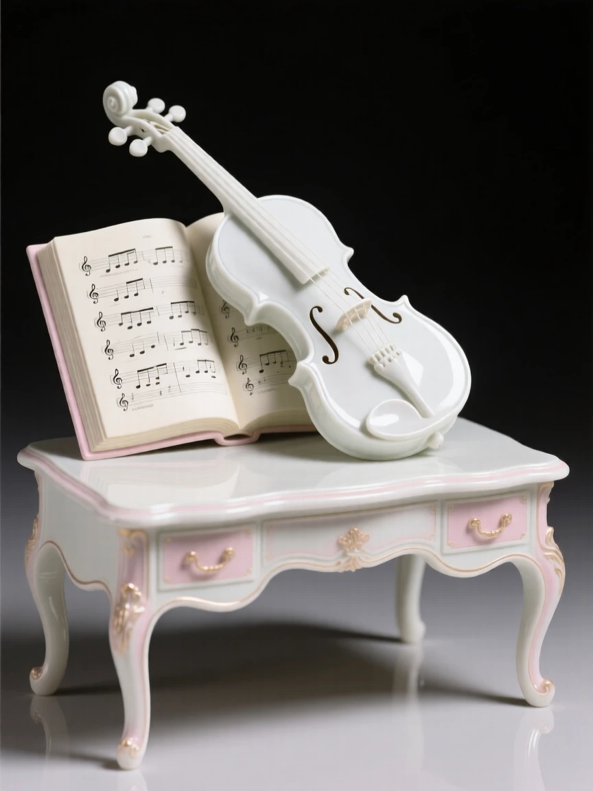 A refined still-life arrangement of a violin resting beside sheet music on an antique writing desk, rendered with rich, warm tones.