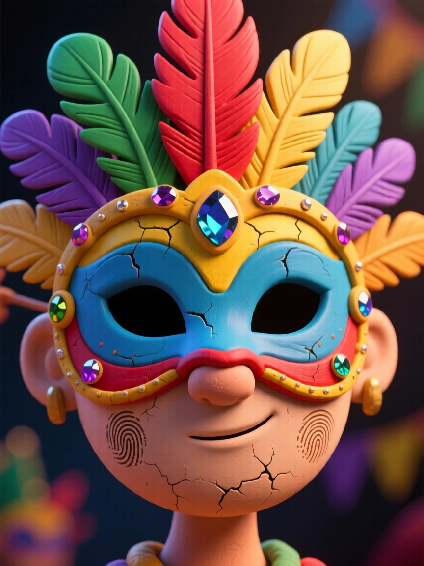 A colorful Brazilian carnival mask covered in feathers and gems