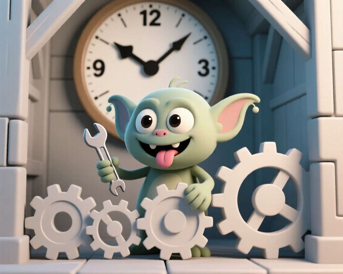 A cheerful gremlin tinkers happily with the gears of an old clock tower, tongue poking out in focus.