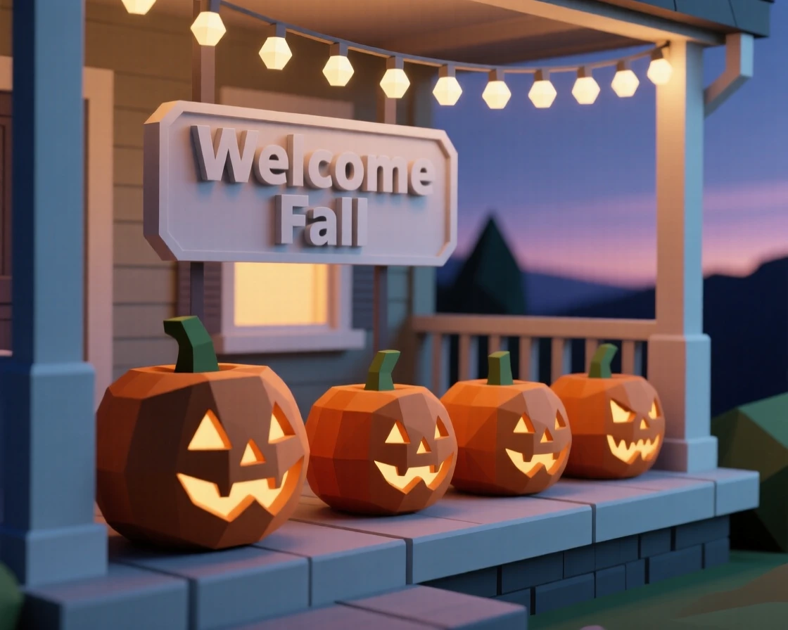 A row of jack-o-lanterns glowing on a porch at dusk, under strings of warm twinkling lights. rich seasonal colors bring the scene to life. A gentle sense of togetherness fills the scene.
