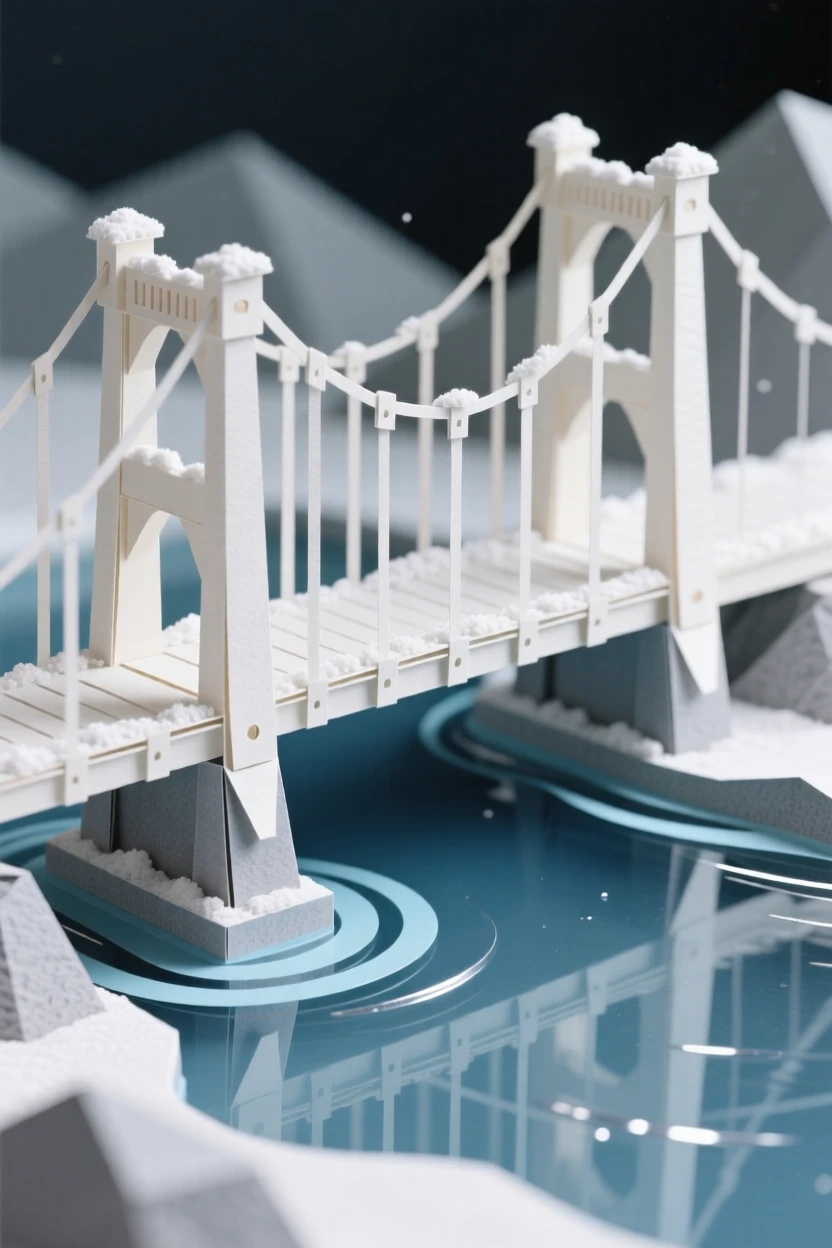 A dramatic suspension bridge dusted with a light layer of fresh snow, with reflections shimmering on a nearby pool, capturing a sense of awe and craftsmanship.