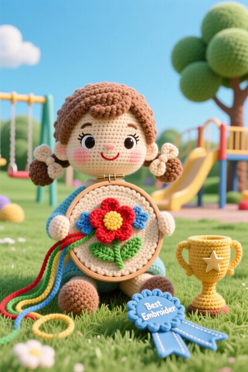 A cheerful scene of a little girl doing embroidery with colorful thread and a small hoop, stitching a careful flower pattern within a community playground on a clear day; a small trophy or ribbon nearby nearby, full of the simple happiness of a favorite pastime.