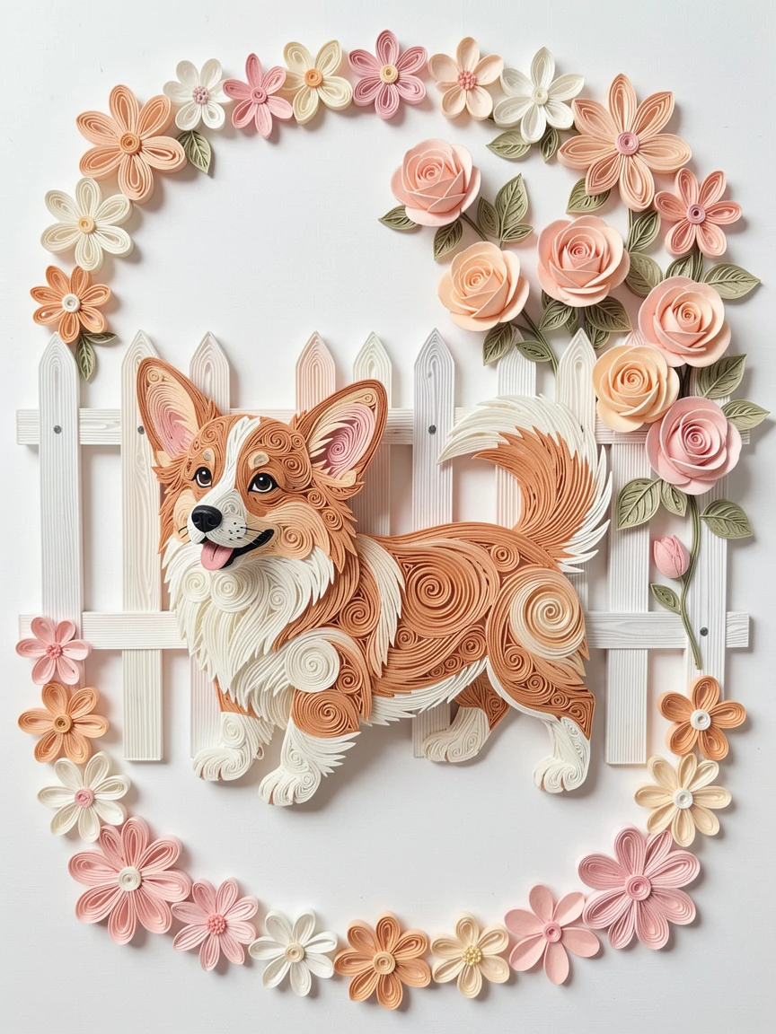 a corgi puppy chasing its own fluffy tail, beside a picket fence covered in climbing roses, surrounded by a loose border of small flowers, in warm pastel tones of peach, cream, and soft pink.