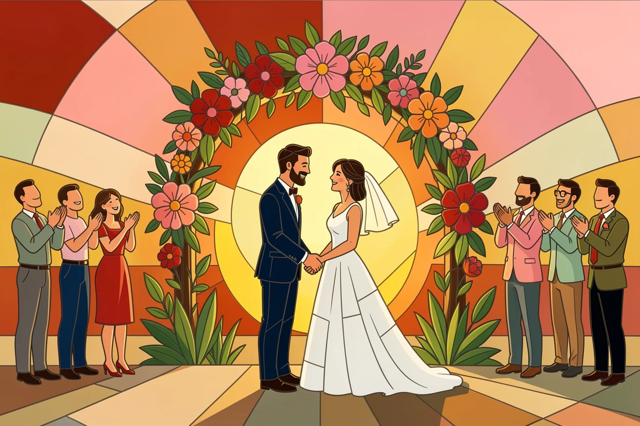 A joyful outdoor summer wedding beneath a floral arch at sunset, filled with warm light, motion, and joyful energy.