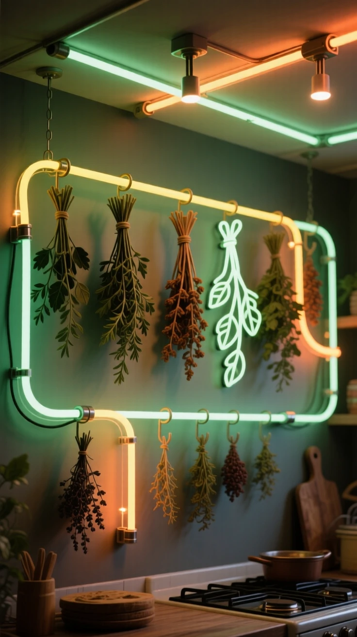 A homey kitchen with strings of dried herbs hanging from the ceiling.