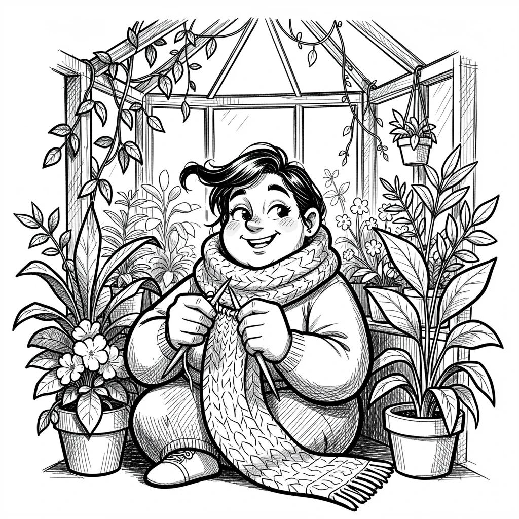 A knitter wrapped in a half-finished scarf in a greenhouse full of plants.