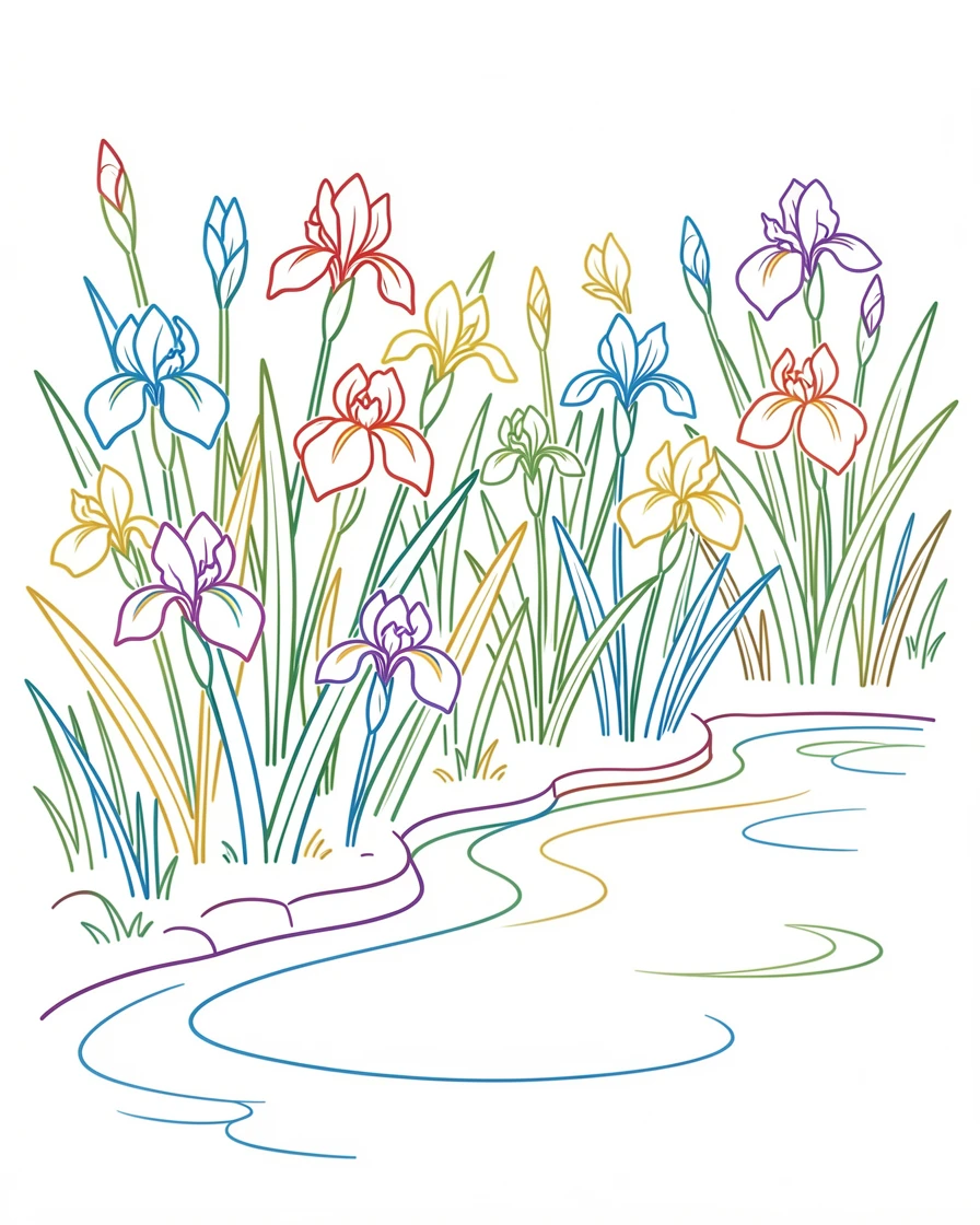A field of wild irises blooming along the edge of a quiet pond.