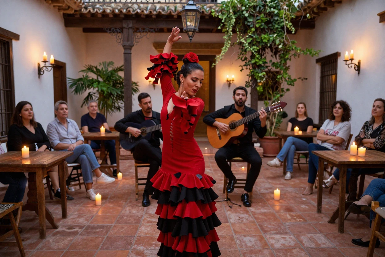 A Spanish flamenco show in a candlelit courtyard