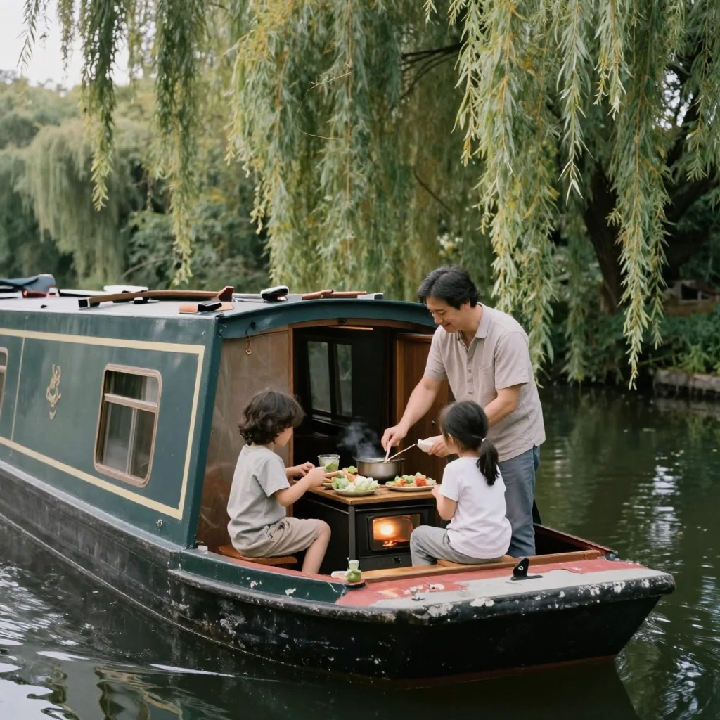 A canal boat family cooks dinner on a small stove as the boat drifts past willow trees.