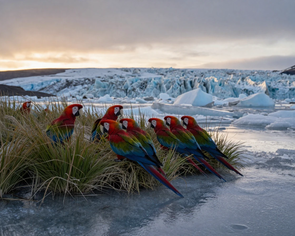 A flock of parrots resting quietly among tall grass along the icy edge of a glacier as the day slowly fades