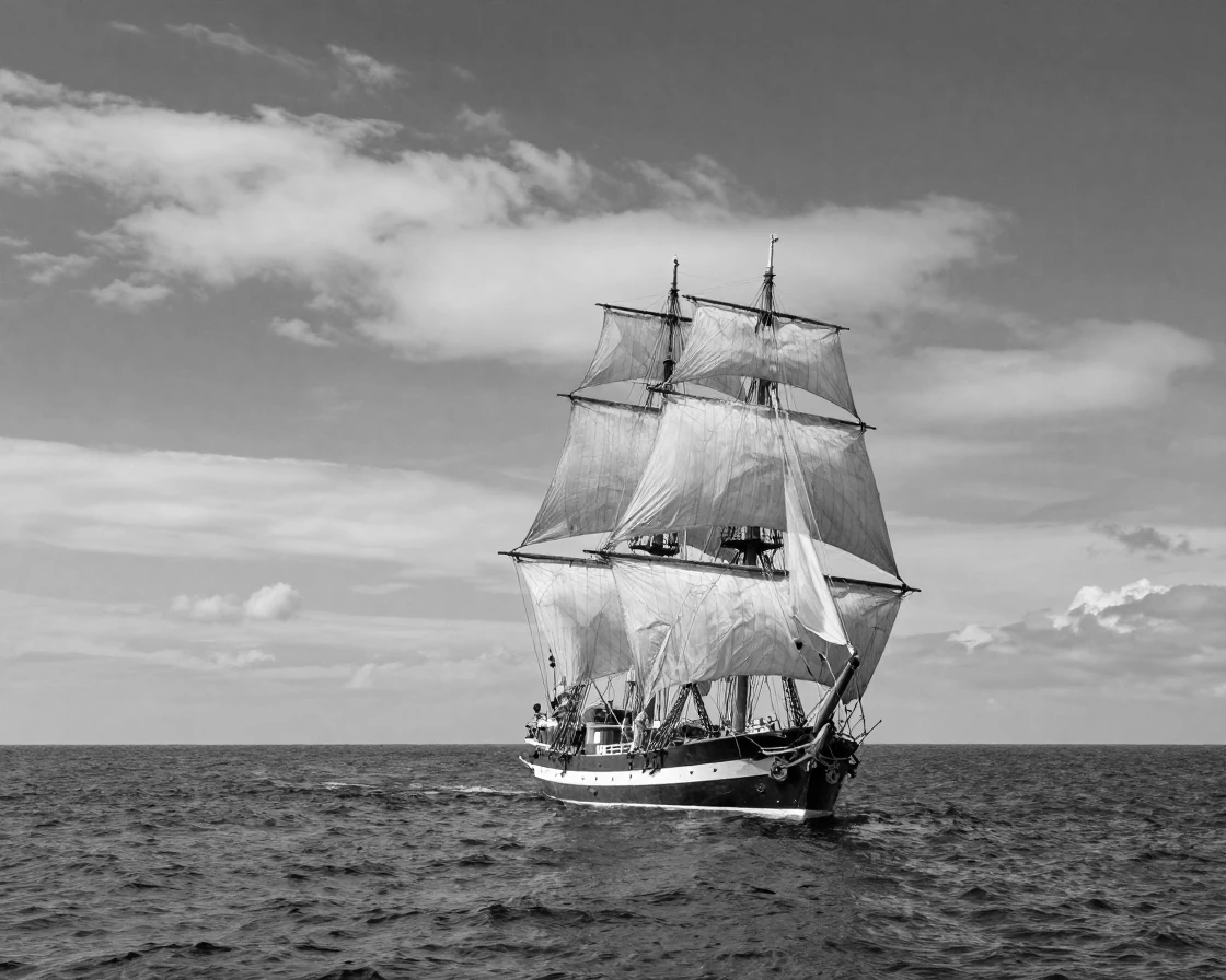 A classic sailing ship sails across open ocean waters beneath a vast open sky.