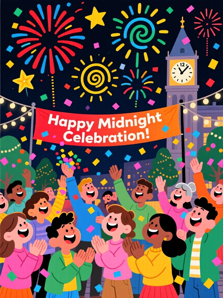 A festive celebration scene of a festive community throwing confetti in the air at midnight, under a sky full of fireworks.