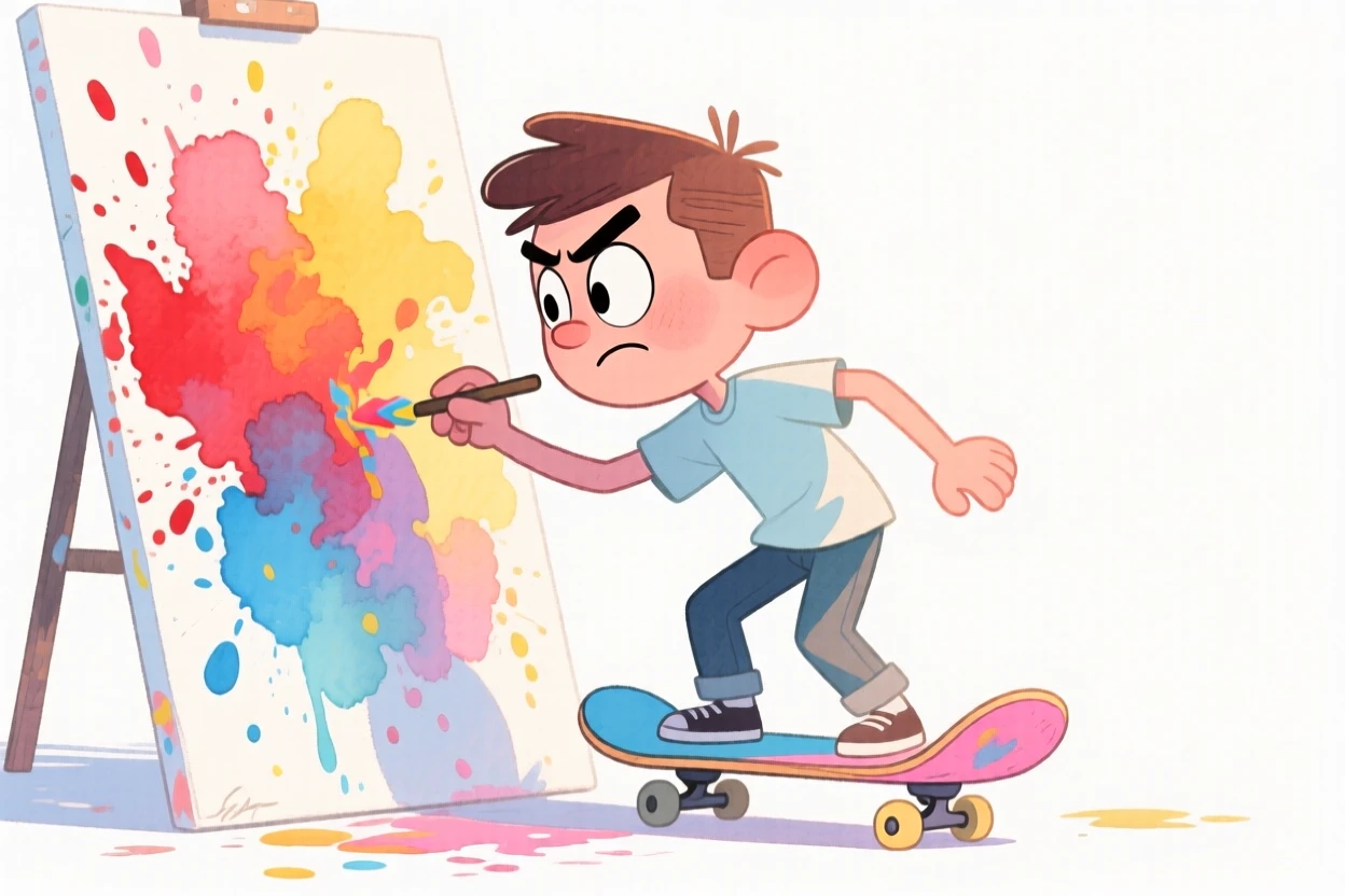 A skateboarder lost in concentration on a colorful canvas