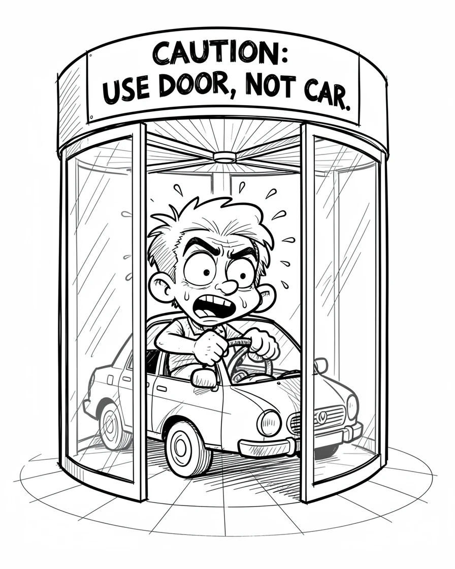[Funny & Exaggerated Situations] Comical scene of a flustered new driver getting stuck in a revolving door, exaggerated for maximum laughs