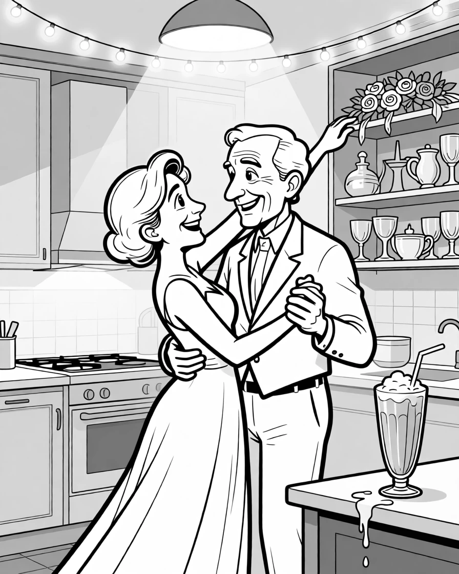 An elderly couple slow dancing in their kitchen, grinning competitively while narrowly avoiding a display, set at a wedding reception decorated with fairy lights. The milkshake glass sweats condensation onto the table. It radiates warmth, laughter, and quiet devotion.