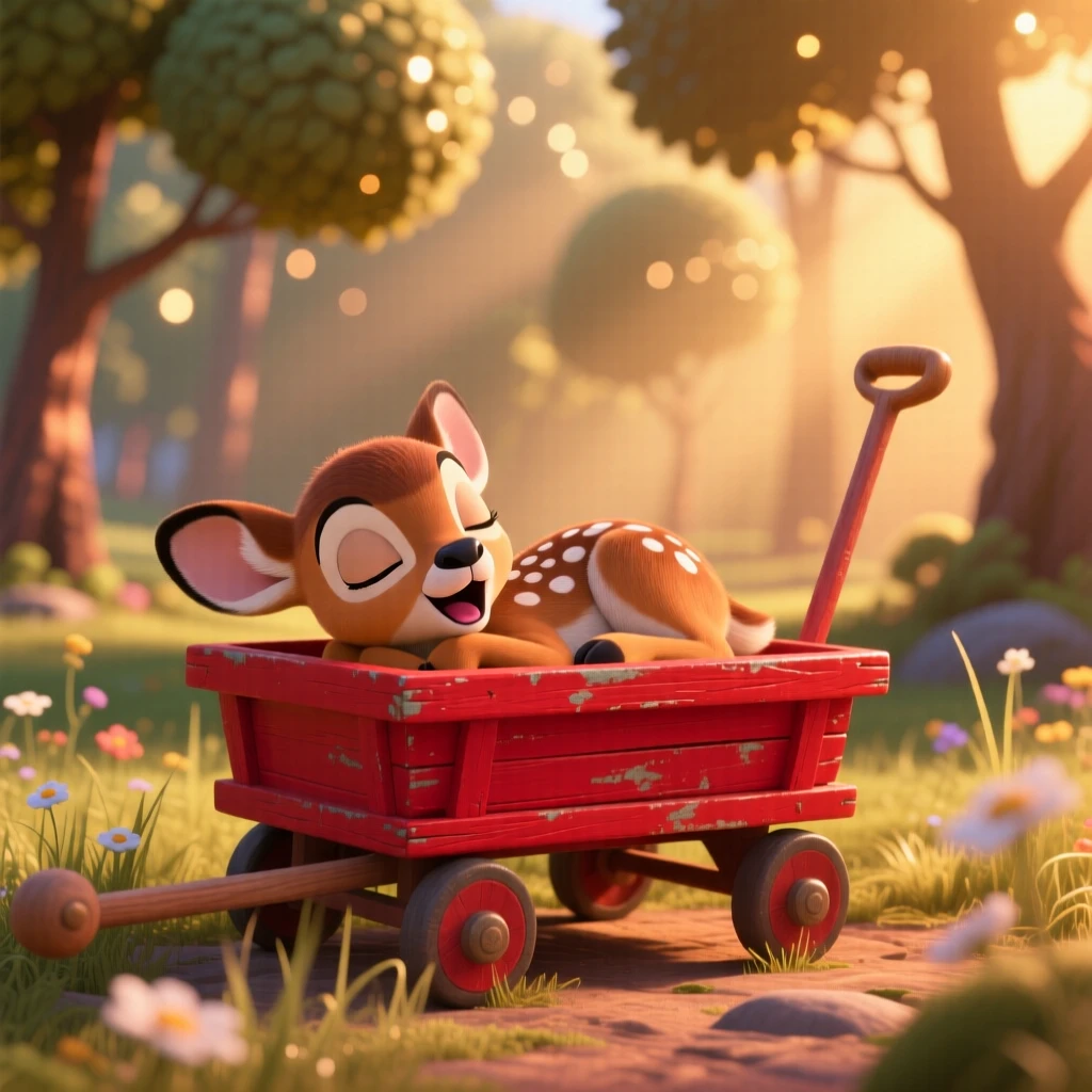 A spotted fawn is riding in a small red wagon, yawning with a tiny open mouth. A quiet, comforting sweetness surrounds the scene, with warm colors filling the background.