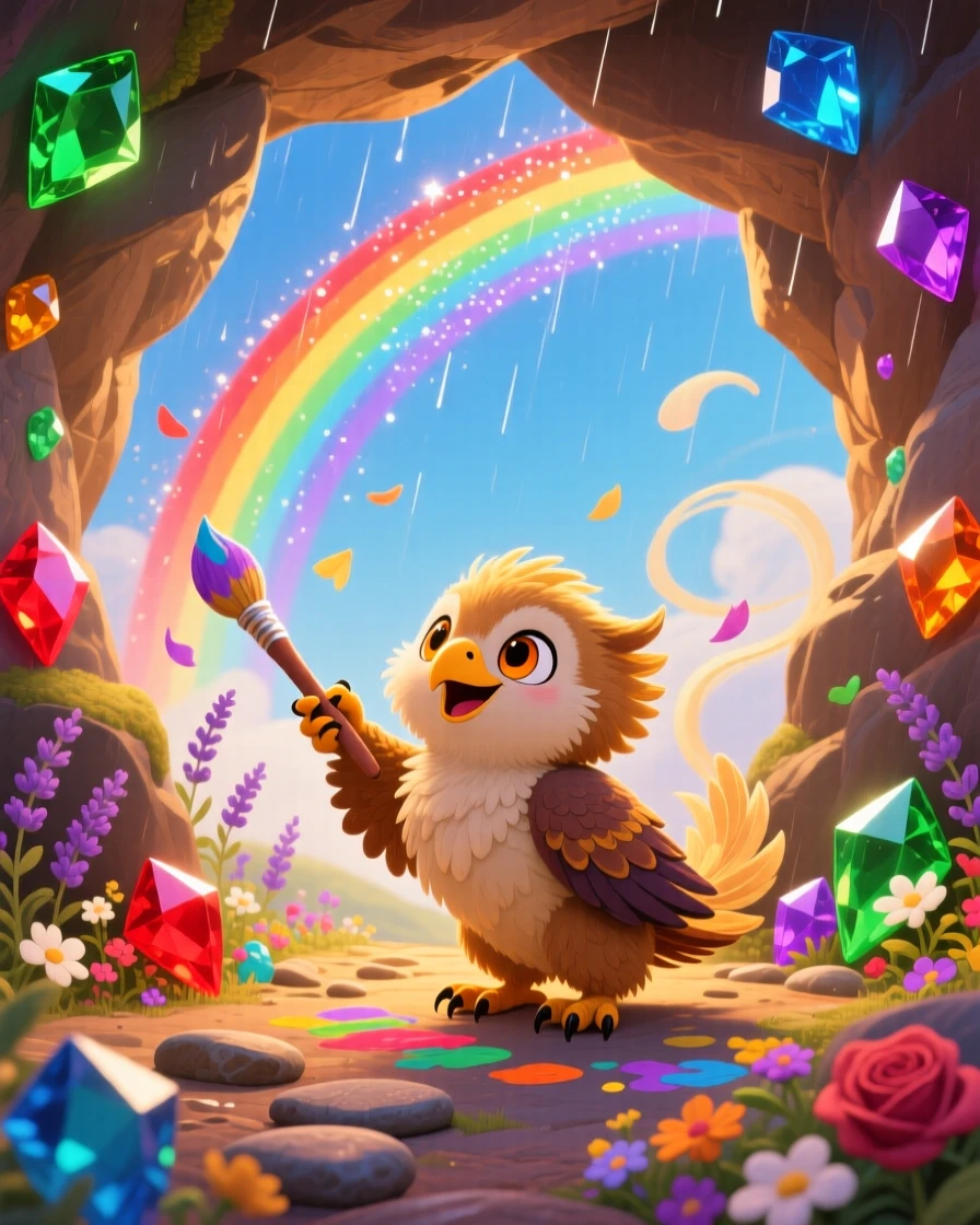 Deep within a glowing cave of gems, a griffin cub spends the evening painting rainbows across the sky, while a gentle breeze carries the scent of flowers.