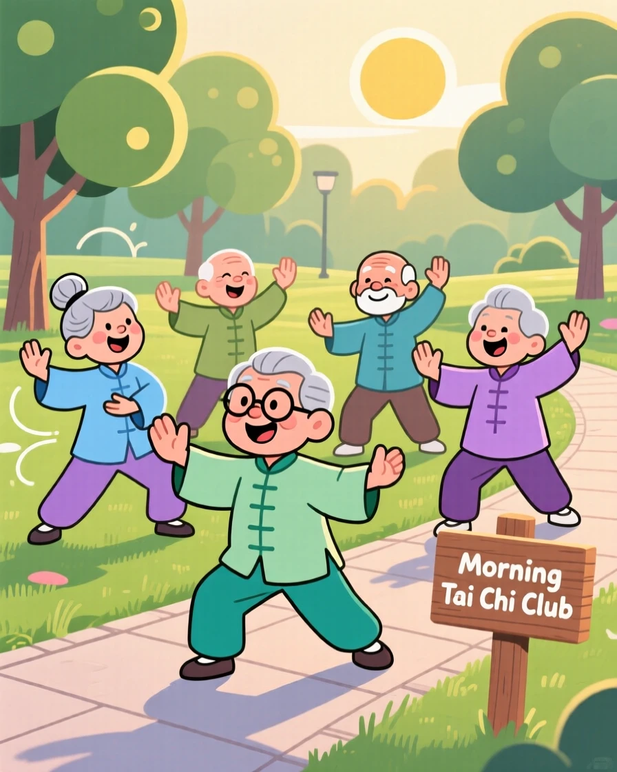 A group of elderly friends practicing tai chi in a morning park.