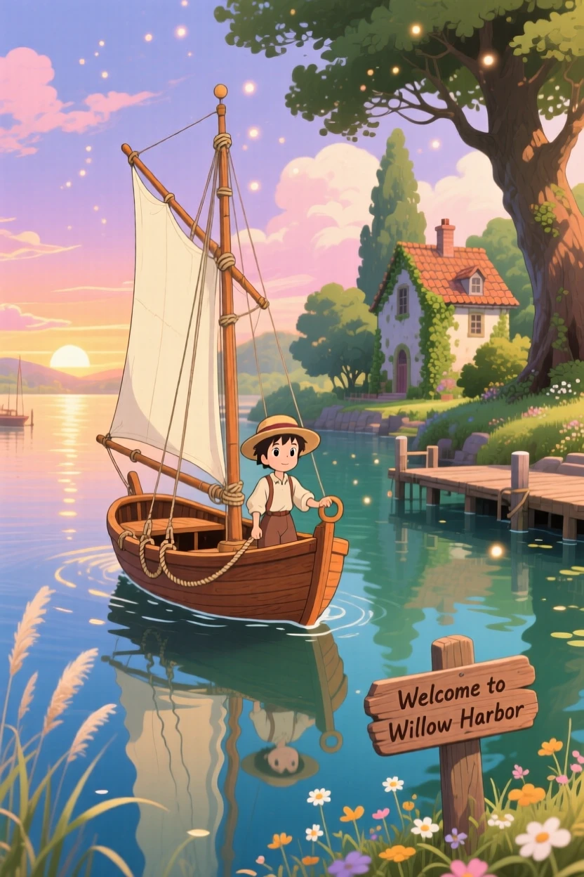 A charming scene of a small wooden sailboat gliding across a calm harbor, reflected in the still water below.