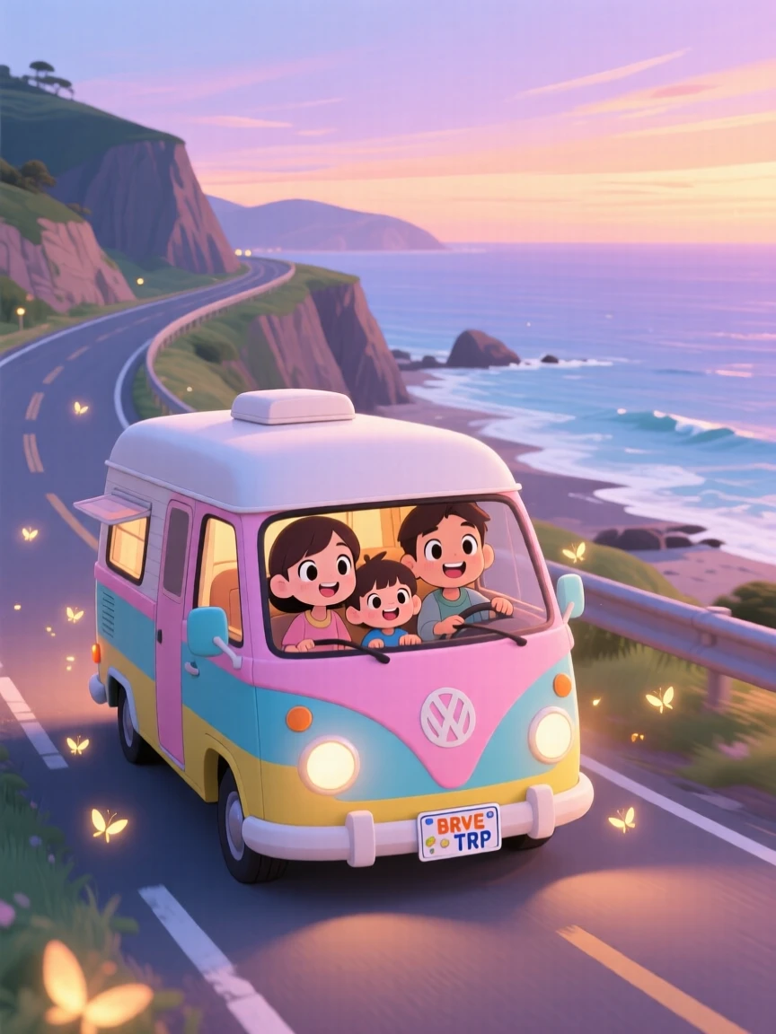 Wide establishing shot of a family, packed into a camper van on a road trip, in a scenic coastal highway, as fireflies begin to glow at dusk, illuminated by soft pastel light of dawn, radiating brave confidence.