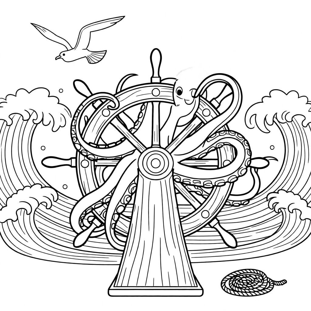 An octopus wrapped around a ship's steering wheel, with waves crashing dramatically in the background.