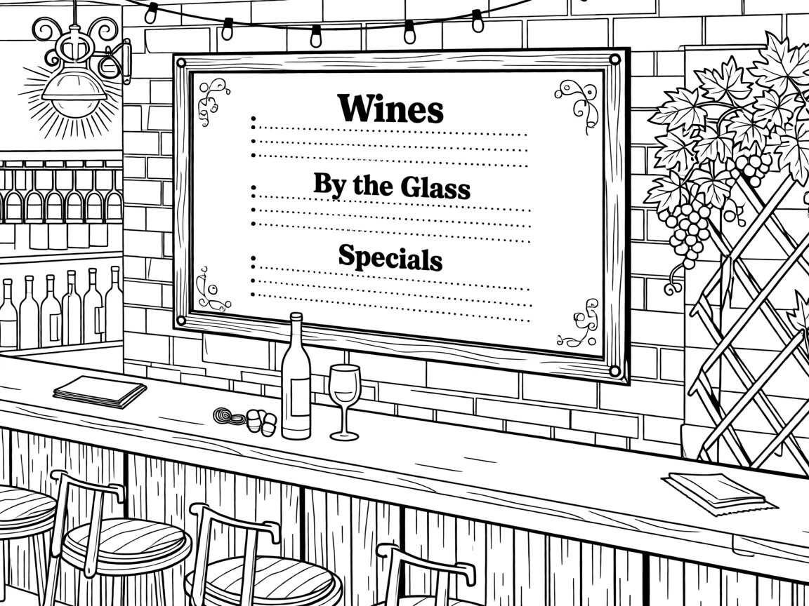 A dim lit wine bar scene with a chalkboard menu and hanging glasses.