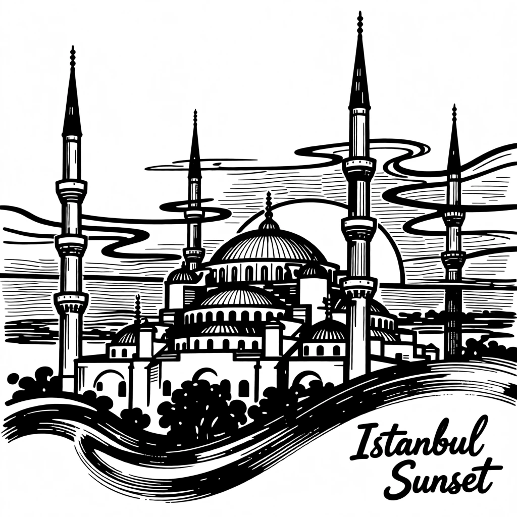 The Blue Mosque's minarets silhouetted against an Istanbul sunset.