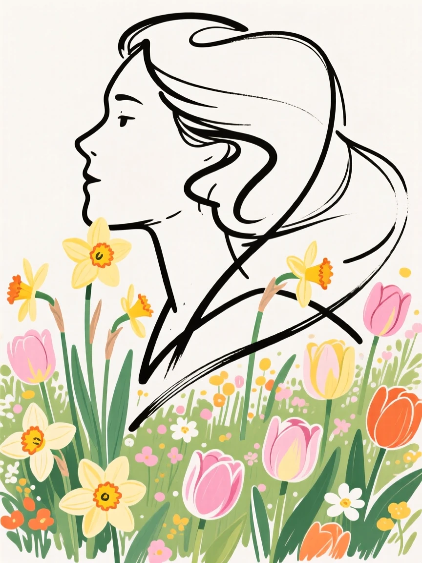 A spring garden bursting with blooming daffodils and tulips.