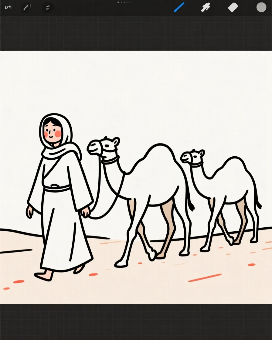 A desert nomad leading a camel caravan, glowing with nostalgia.