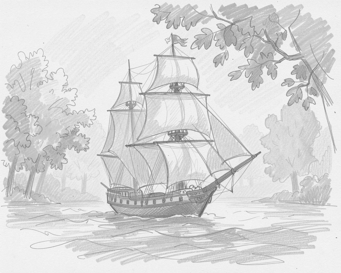 A striking scene of a tall ship with full sails at sea under a canopy of autumn trees, with soft morning fog rolling through the scene.