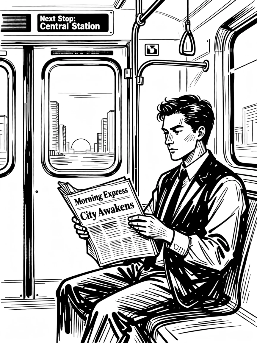 A commuter reading the news on a train during the morning ride.