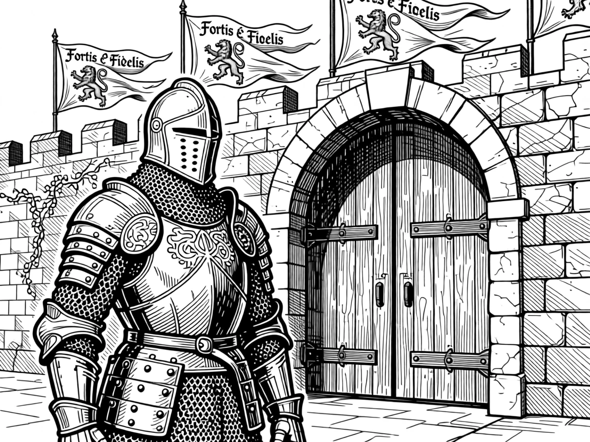 A medieval knight in full armor before a castle gate under banners fluttering in the wind, with the rich texture of aged stone and wood, portrayed in a quietly majestic historical scene.