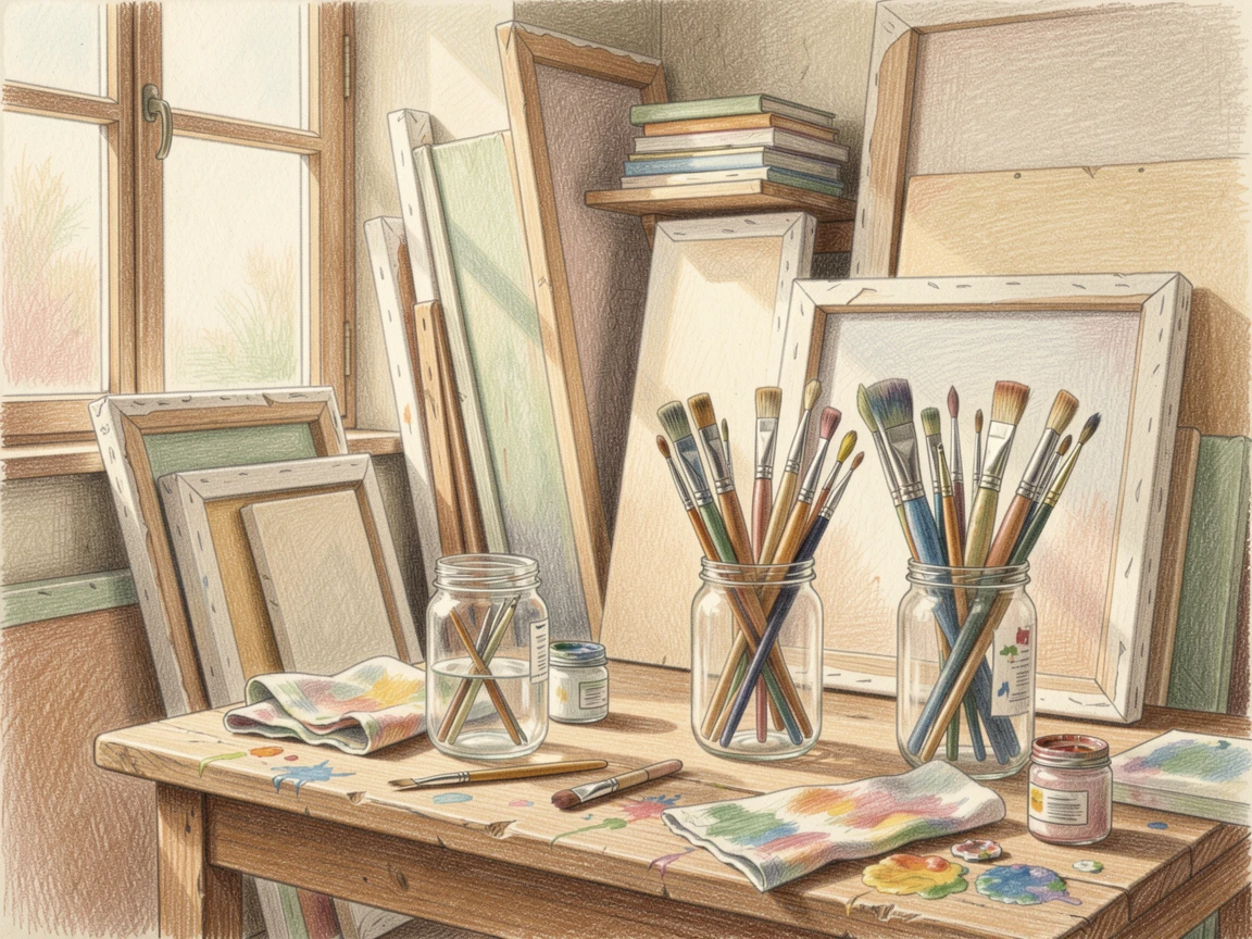 A quiet artist's studio filled with canvases and jars of brushes, captured in a quiet, intimate moment full of atmosphere, designed to feel inviting, memorable, and shareable.