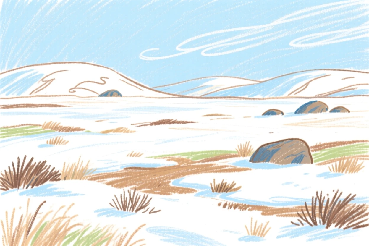 A view of a tundra plain dusted lightly with the season's first snow.