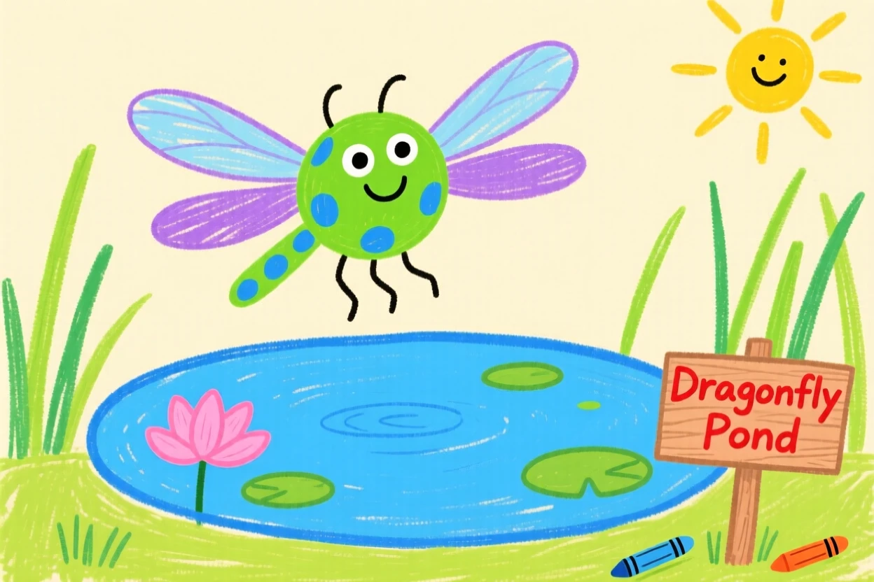 A dragonfly hovering above a still pond.